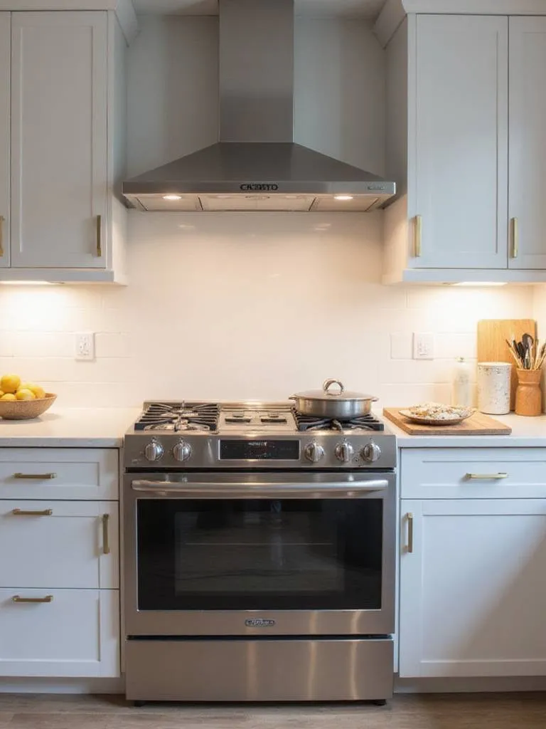 A modern kitchen cooking zone featuring a stainless steel range, overhead range hood, and ample counter space, illustrating a well-designed layout for efficient cooking.