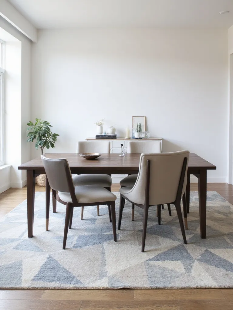 Dining room with dark wood table and patterned area rug