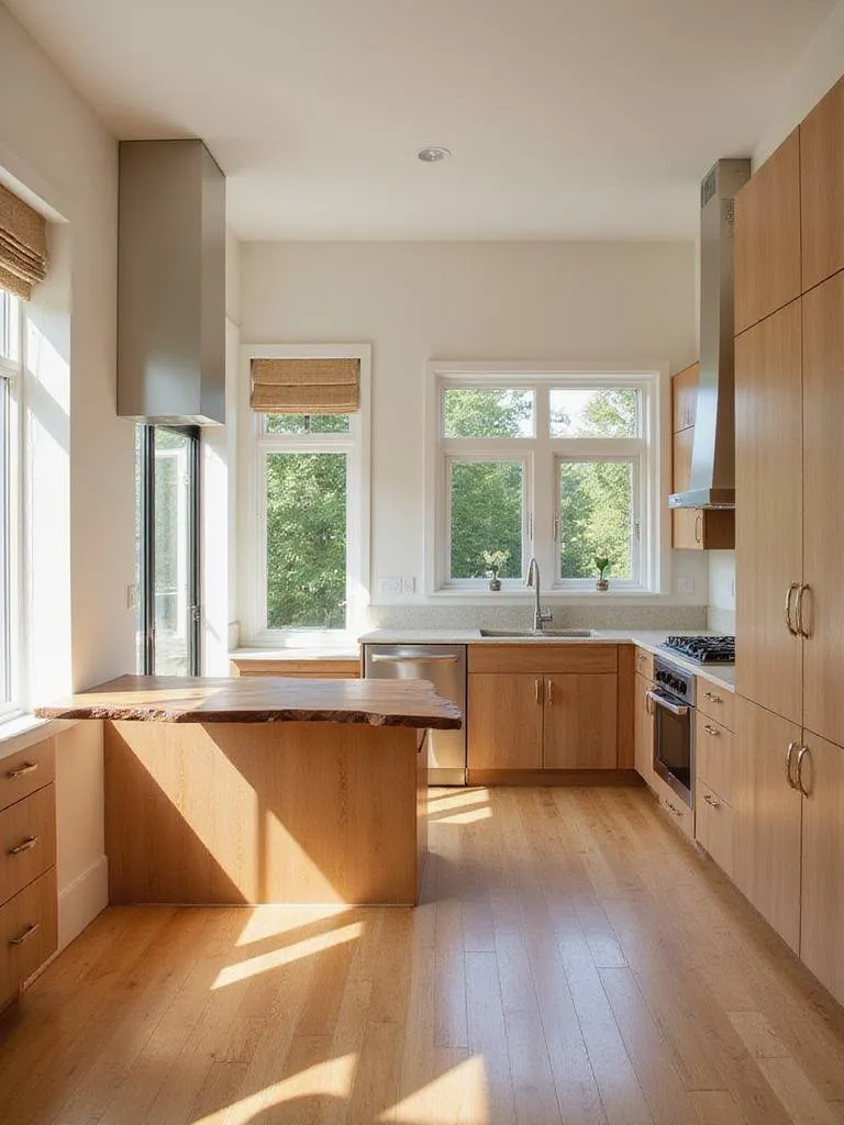 A modern kitchen featuring organic cabinets made from a mix of light maple and dark walnut wood, showcasing design flexibility with natural materials, including a live-edge island countertop.