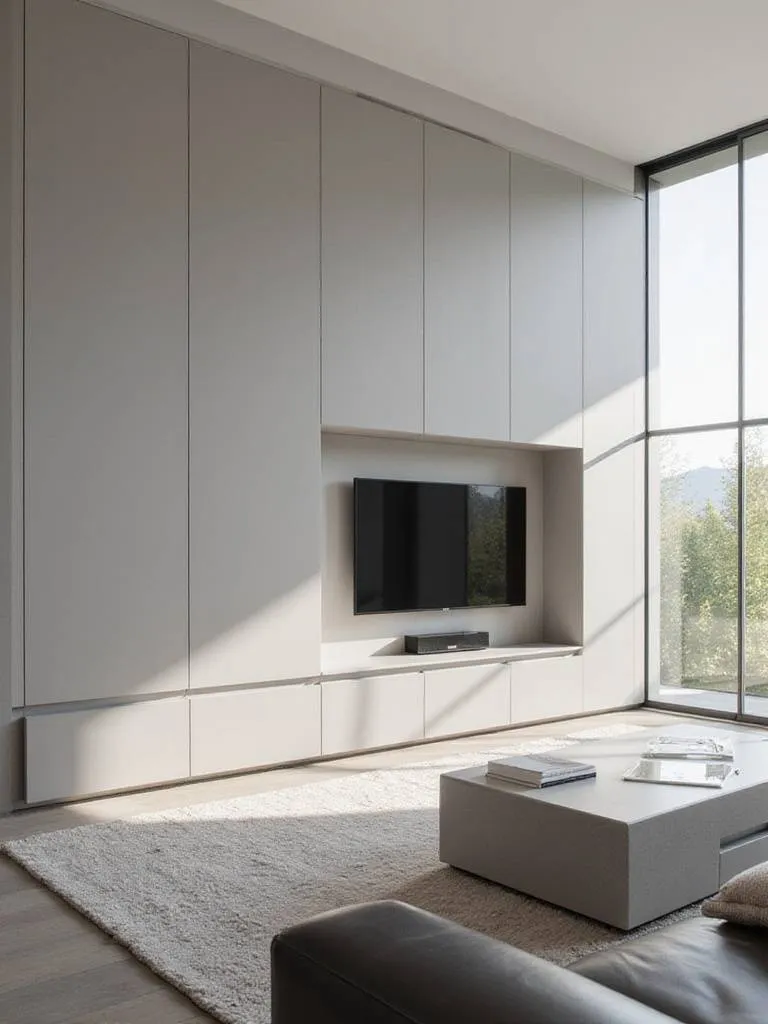 A modern living room featuring seamless integrated wall storage unit and minimalist furniture, showcasing a clutter-free design.