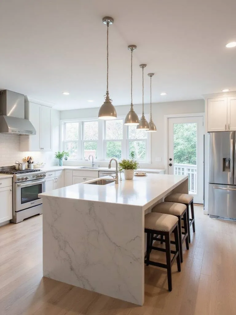 Modern kitchen with large multi-functional island featuring quartz countertop and induction cooktop.