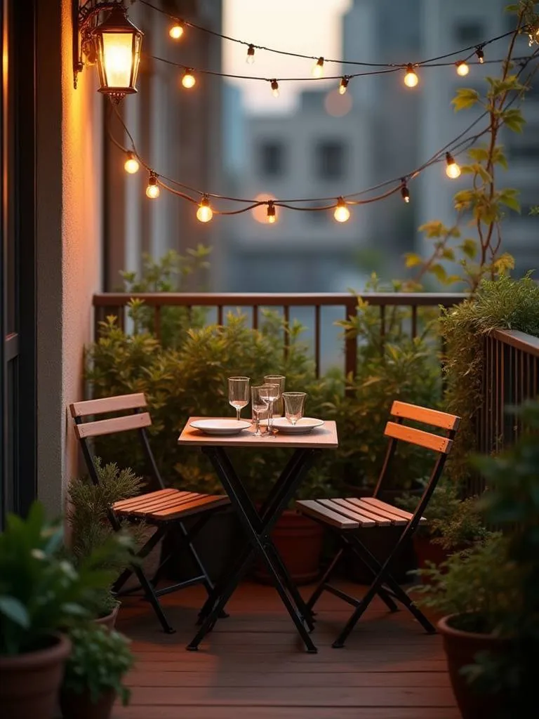 A small balcony with a charming mini dining area featuring a bistro table and two chairs, decorated with string lights and potted plants for al fresco meals.