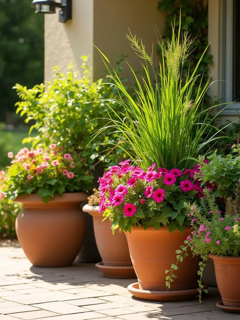 Beautifully arranged container garden pots featuring vibrant plants and varied textures on a sunny patio.