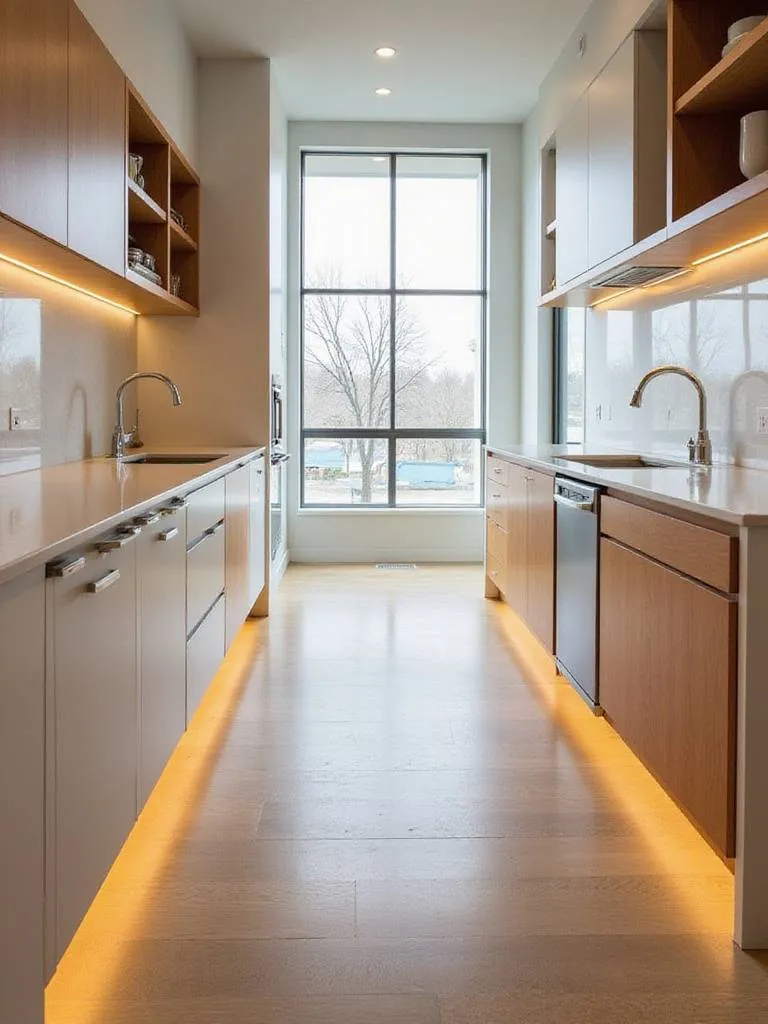 Accessible modern kitchen layout with wide pathways, lower counter section, pull-out storage, and accessible fixtures.