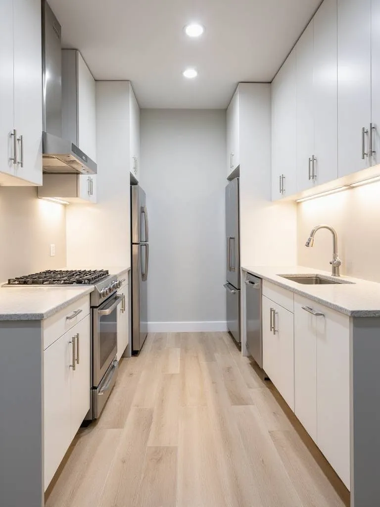 View down a modern galley kitchen featuring parallel white cabinets, light grey countertops, and stainless steel appliances, designed for efficient workflow in a narrow space.