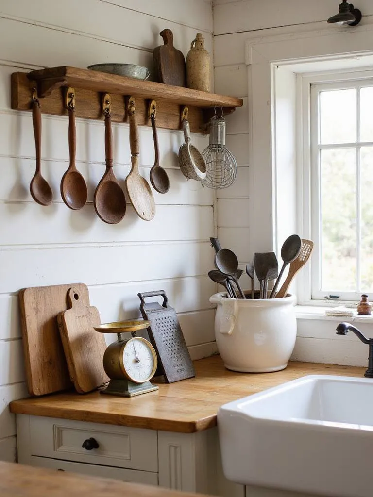 Display of antique kitchen tools including wooden spoons, metal whisks, a vintage scale, and cutting boards on a peg rail and open shelf in a cozy farmhouse kitchen.