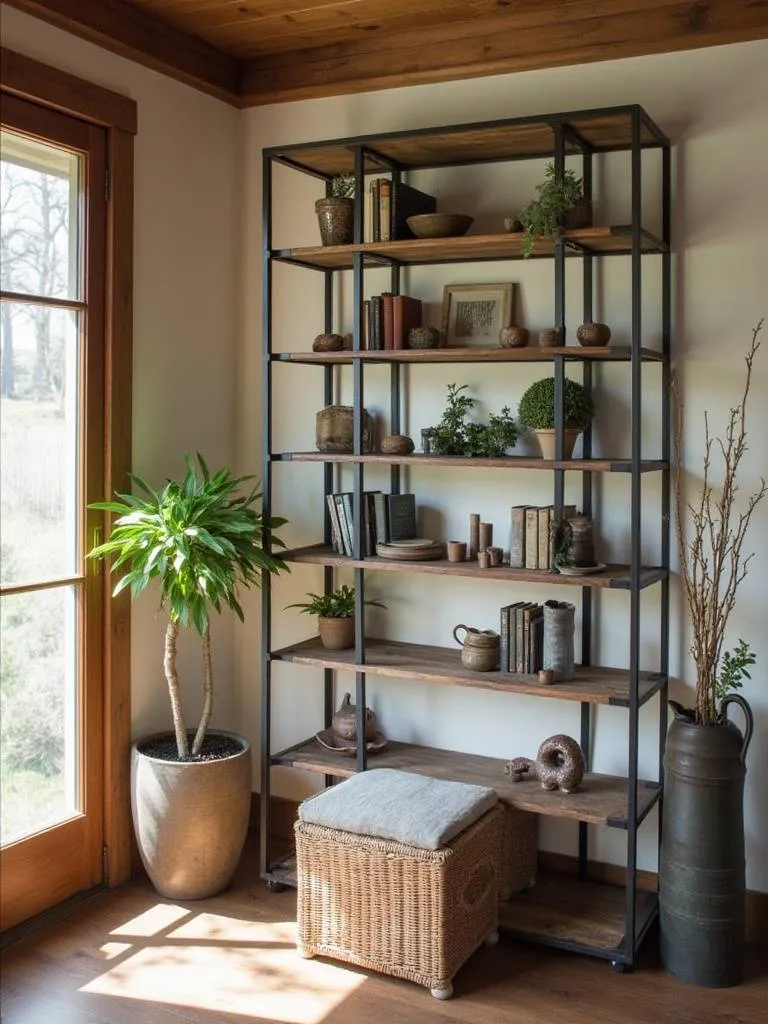 Cozy rustic living room with open wood and metal shelving displaying decor items