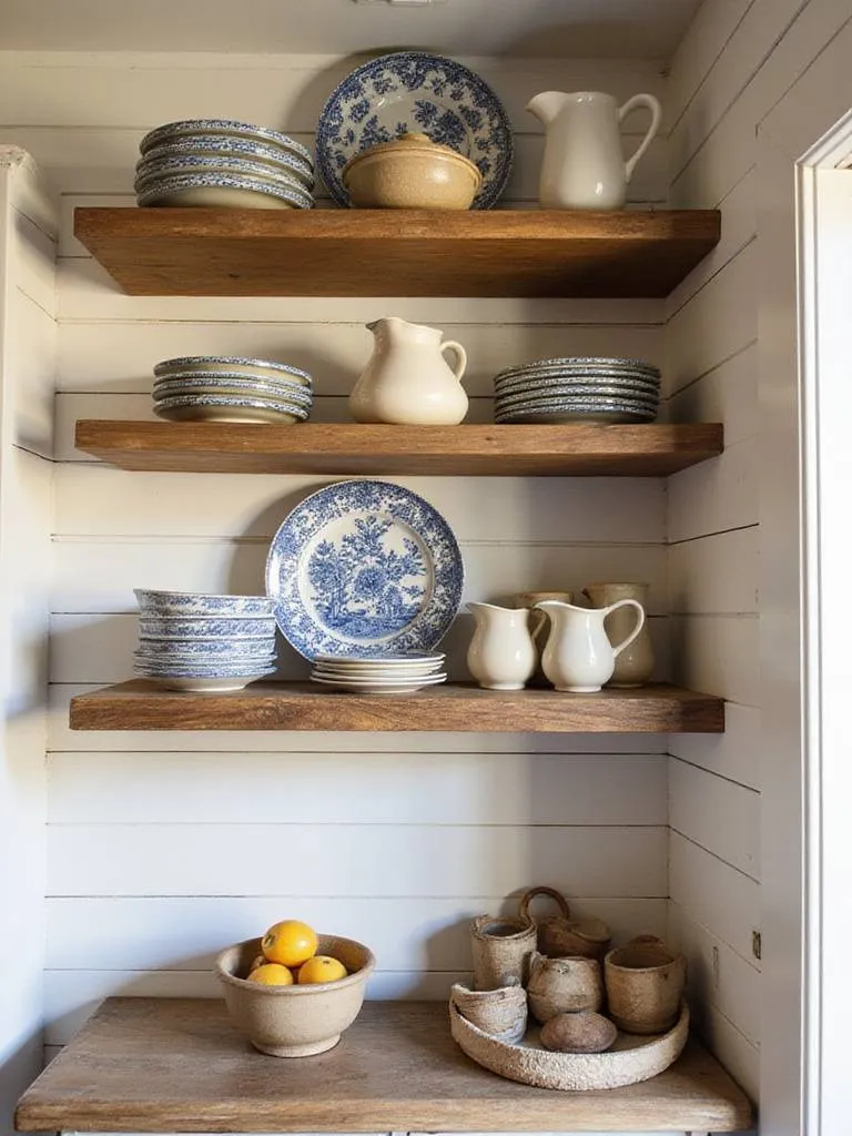 Open wooden shelves on a shiplap wall in a farmhouse kitchen displaying a collection of vintage blue and white transferware plates, cream ironstone pitchers, and stoneware bowls, creating a cozy, rustic look.