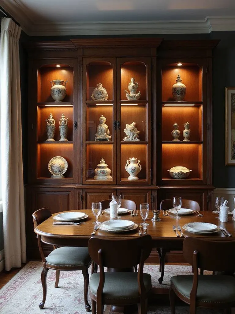 Elegant dining room with a dark wood display cabinet showcasing antique porcelain and glass figurines.