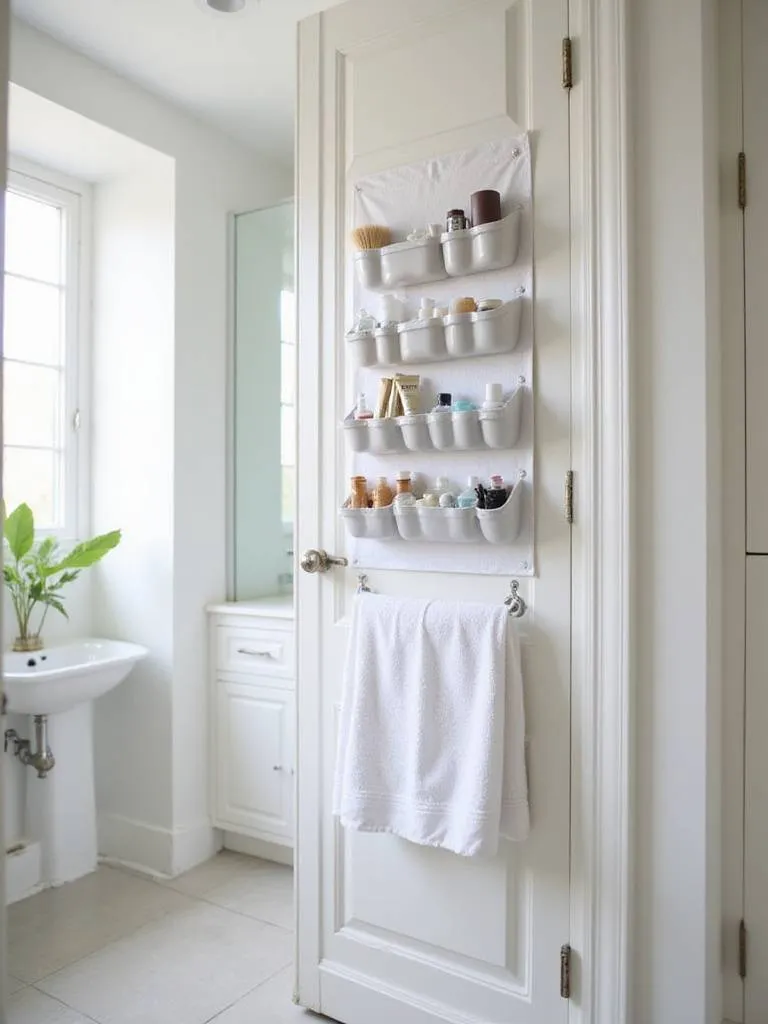 Small bathroom door with over-the-door organizer holding toiletries and a towel.