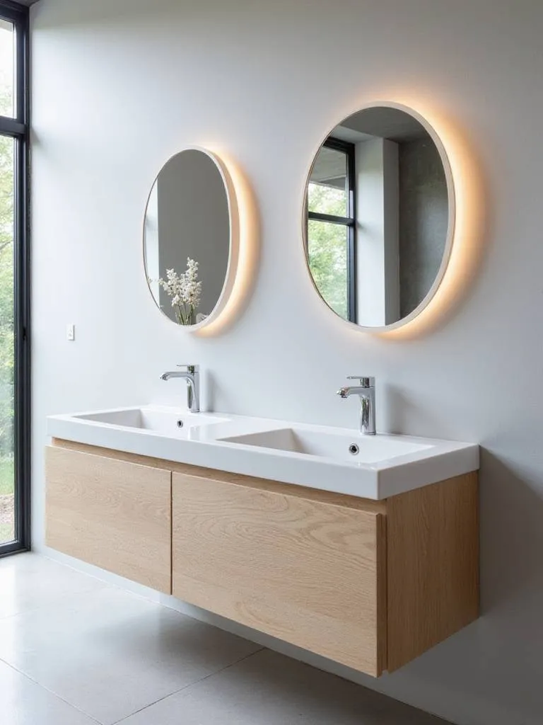 Modern bathroom with light wood double sink vanity and round LED mirrors.