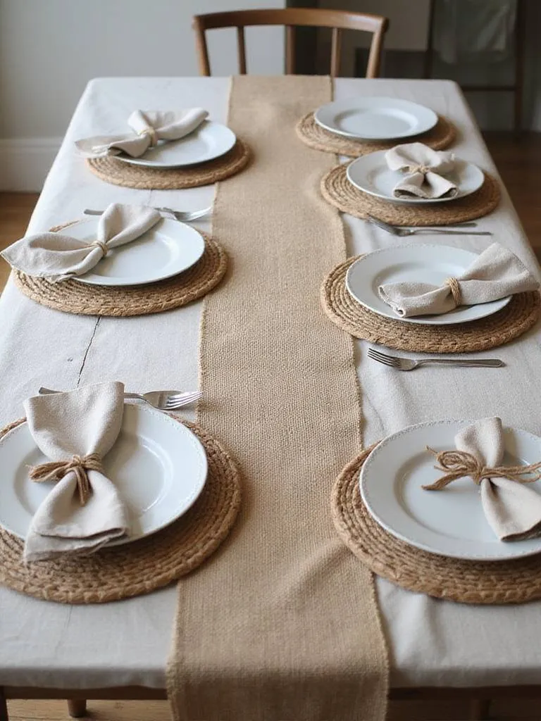 Rustic dining table setting with linen tablecloth, burlap runner, and jute placemats.