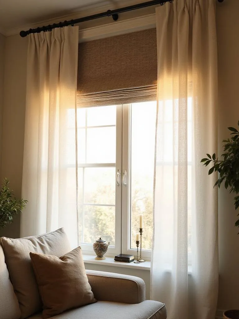 Stylish layered window treatments featuring sheer curtains and Roman shades in a modern apartment living room, enhancing privacy and light control.