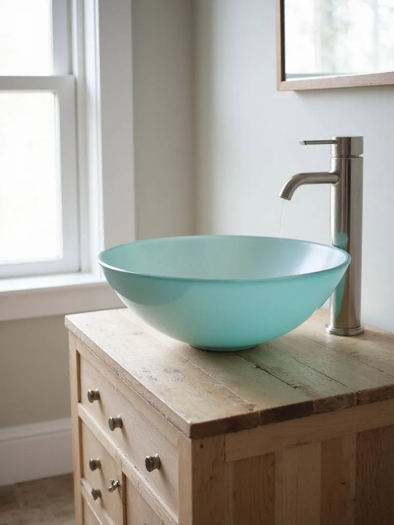 Eco-friendly bathroom with reclaimed wood vanity and recycled glass sink
