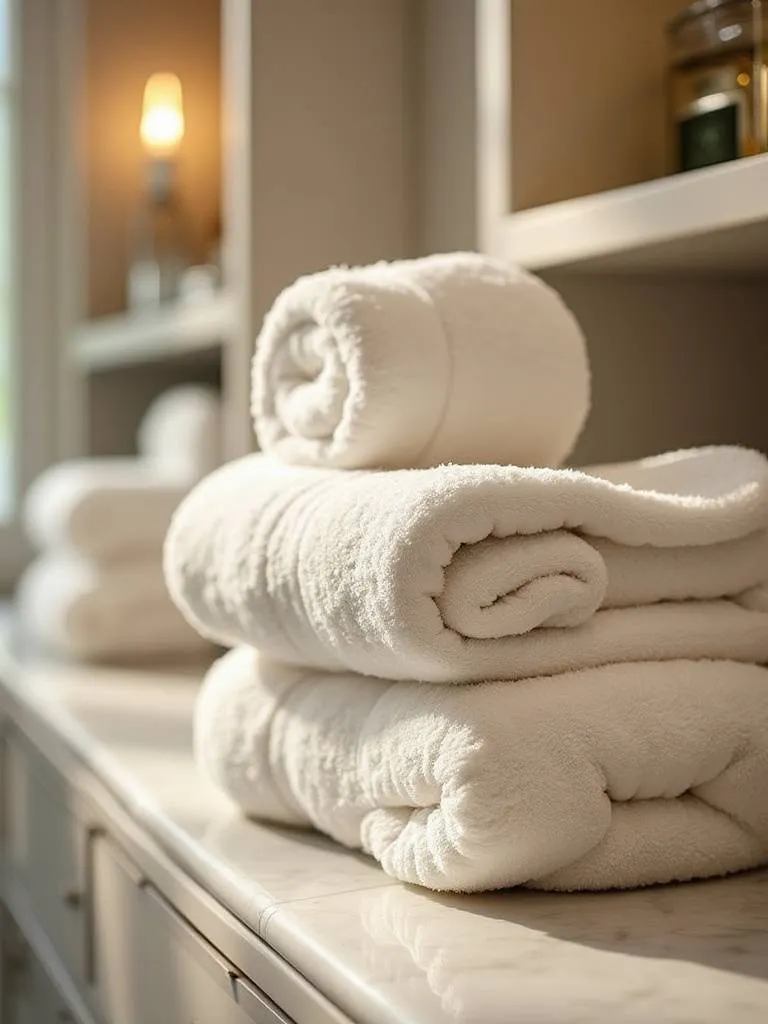 Plush white and gray towels neatly folded and rolled on open shelves and a counter in a luxurious, spa-like bathroom, showcasing textile elevation in decor.