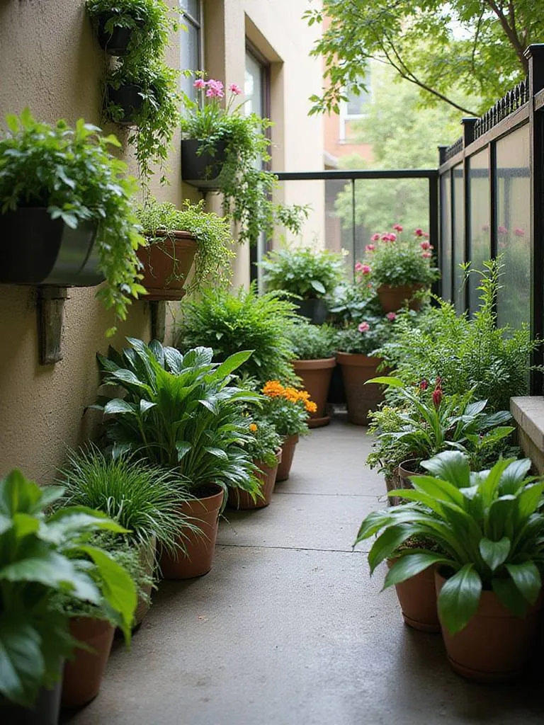 A small urban balcony transformed into a lush green oasis with strategically placed container plants, including vertical gardens, railing planters, and potted arrangements.