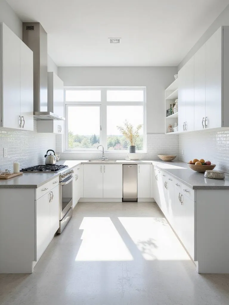 Modern minimalist kitchen with clean lines and white cabinetry