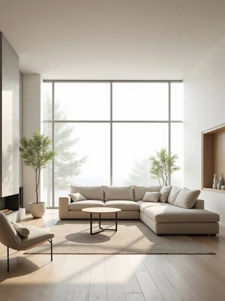 Modern living room featuring minimalist furniture with clean lines, neutral colors, and abundant natural light.