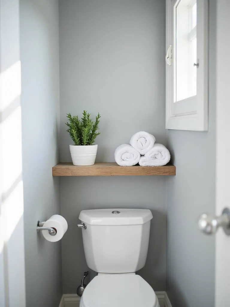 Small bathroom with open wooden shelving above toilet, displaying towels and plant.