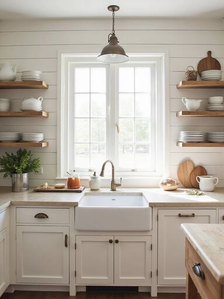 Cozy farmhouse kitchen with classic white horizontal shiplap walls, a rustic wooden island, and open shelving, bathed in natural light.