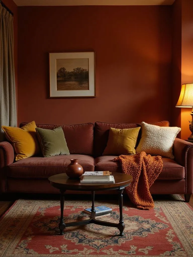 A cozy living room featuring warm and rich colors like terracotta walls, a burgundy velvet sofa, and layers of pillows and rugs in shades of orange, yellow, green, and gold. The room is lit by soft, warm lamps, creating an inviting atmosphere.