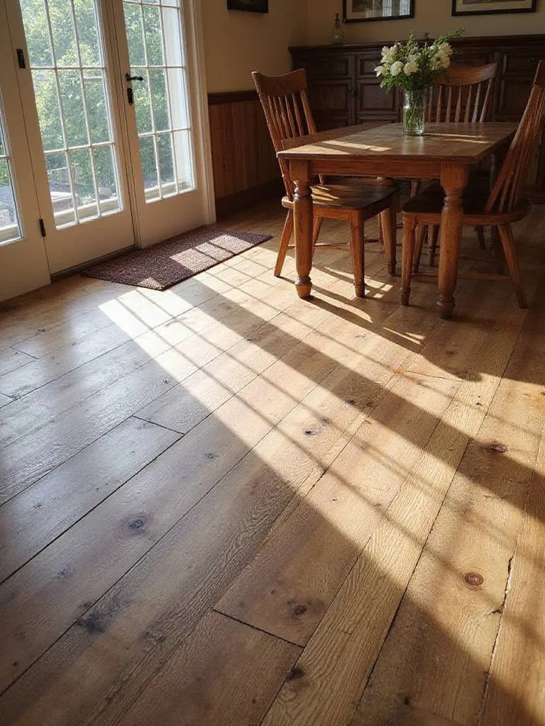 Rustic dining room featuring wide-plank reclaimed wood flooring with visible knots and grain.