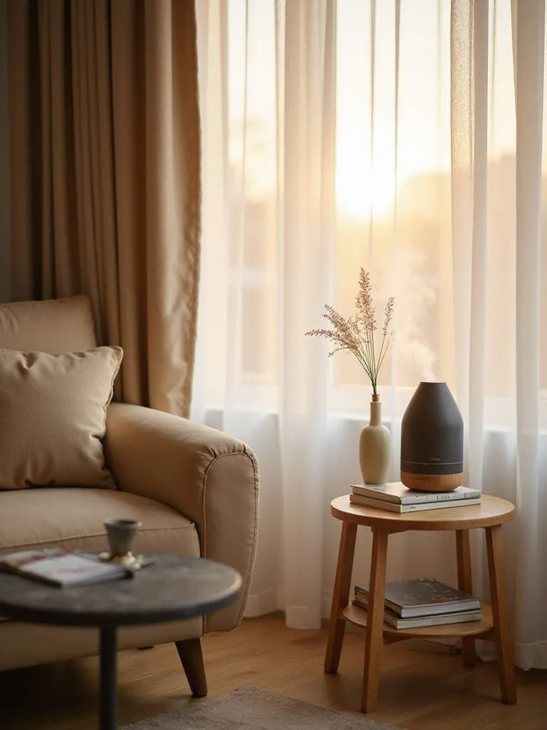 A modern apartment living room with soft lighting, showing an essential oil diffuser and a decorative speaker, suggesting a focus on creating a pleasant sensory environment through scent and sound.