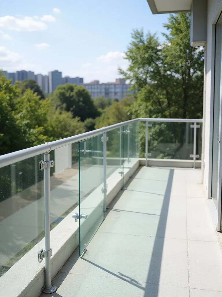 Small balcony with a modern clear glass railing overlooking an urban view, enhancing safety and openness.