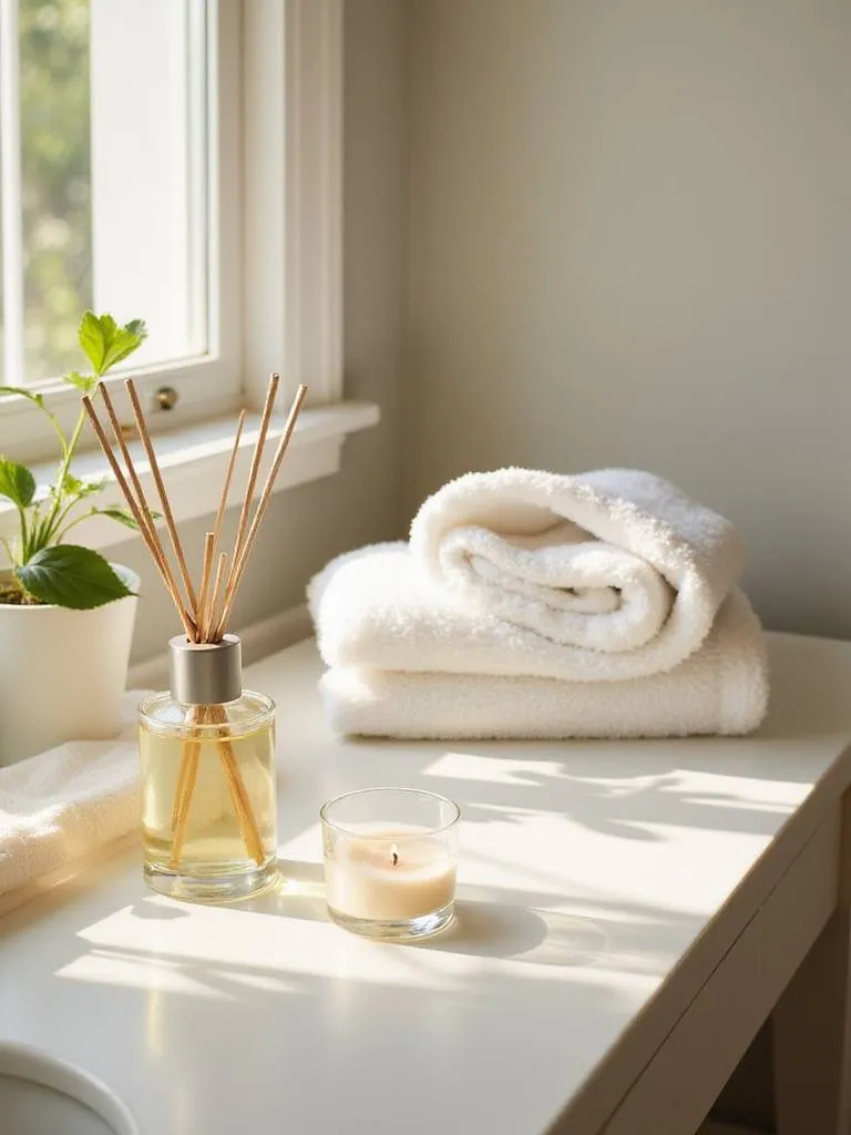 A serene bathroom counter with a reed diffuser, lit candle, and green plant, illustrating how scent enhances a spa-like mood.