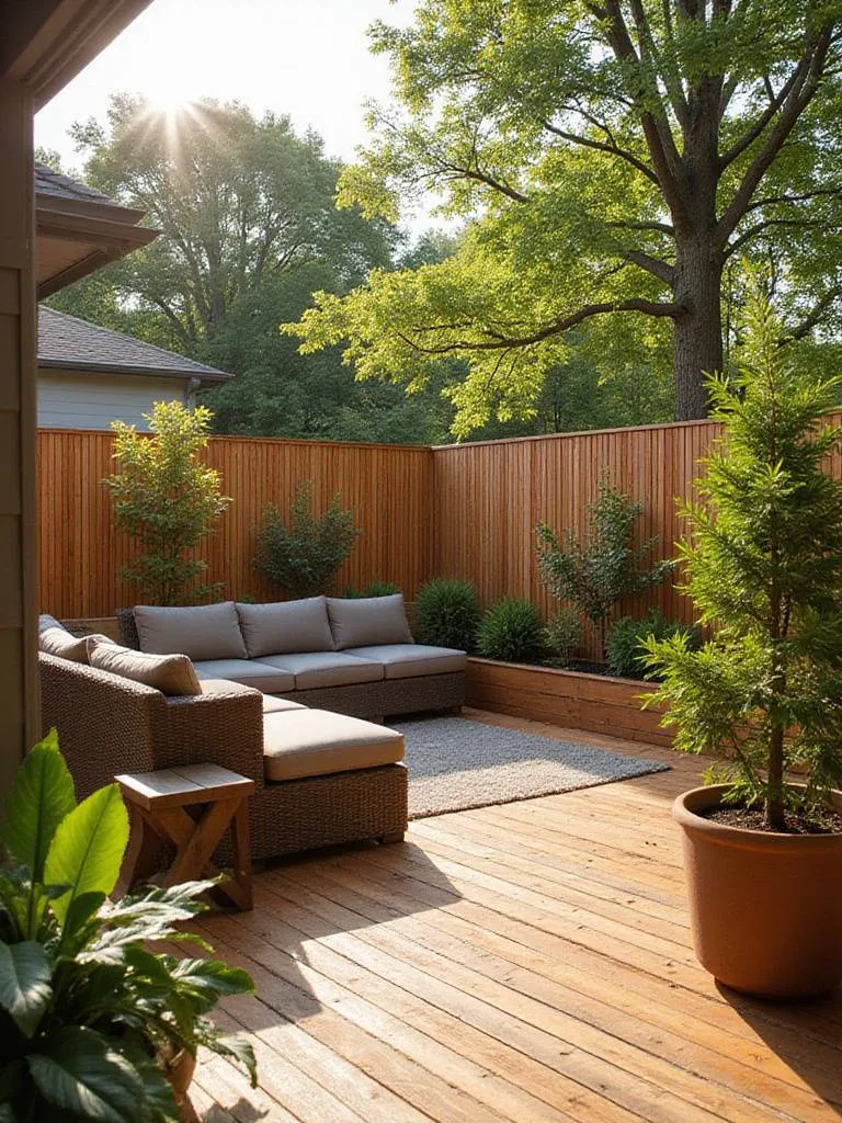 Modern deck with cedar privacy screen and integrated planters.