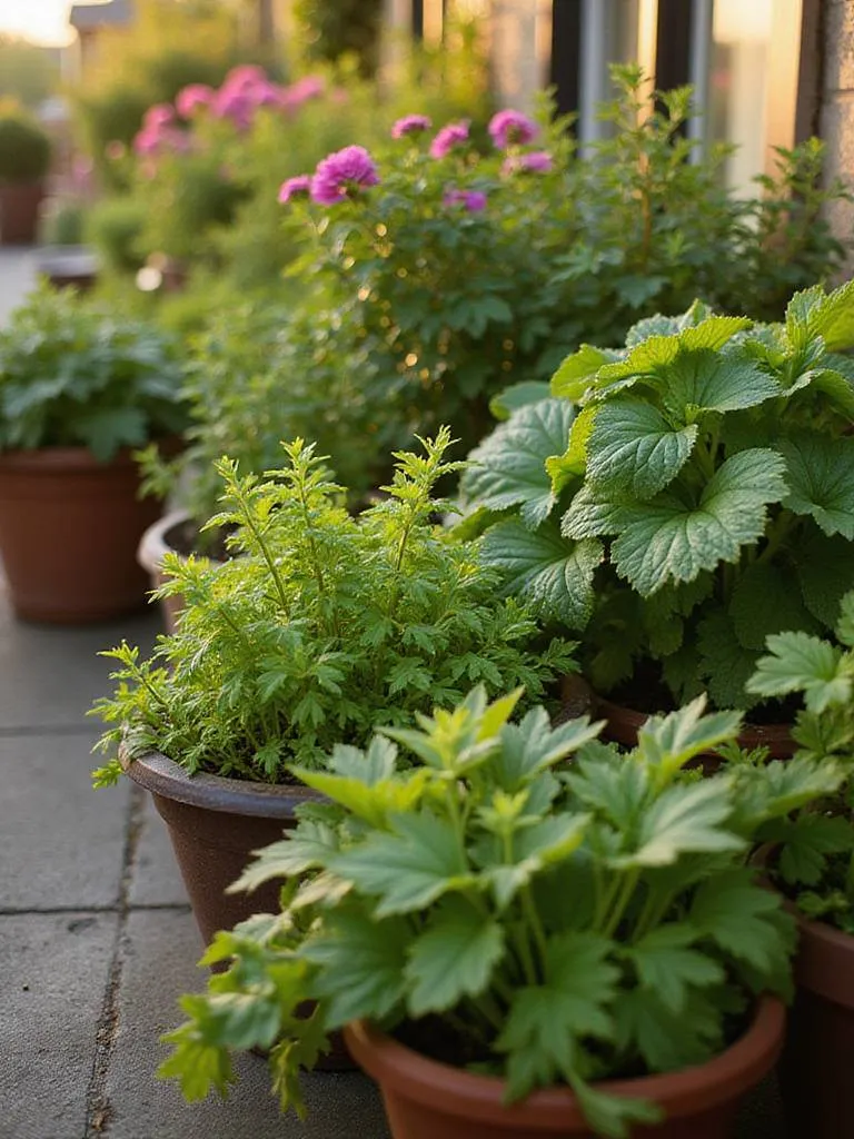 A collection of thriving container garden plants on a patio at sunset, showing lush green herbs and vegetables alongside colorful flowering plants, illustrating the rewards of harvesting and blooms.