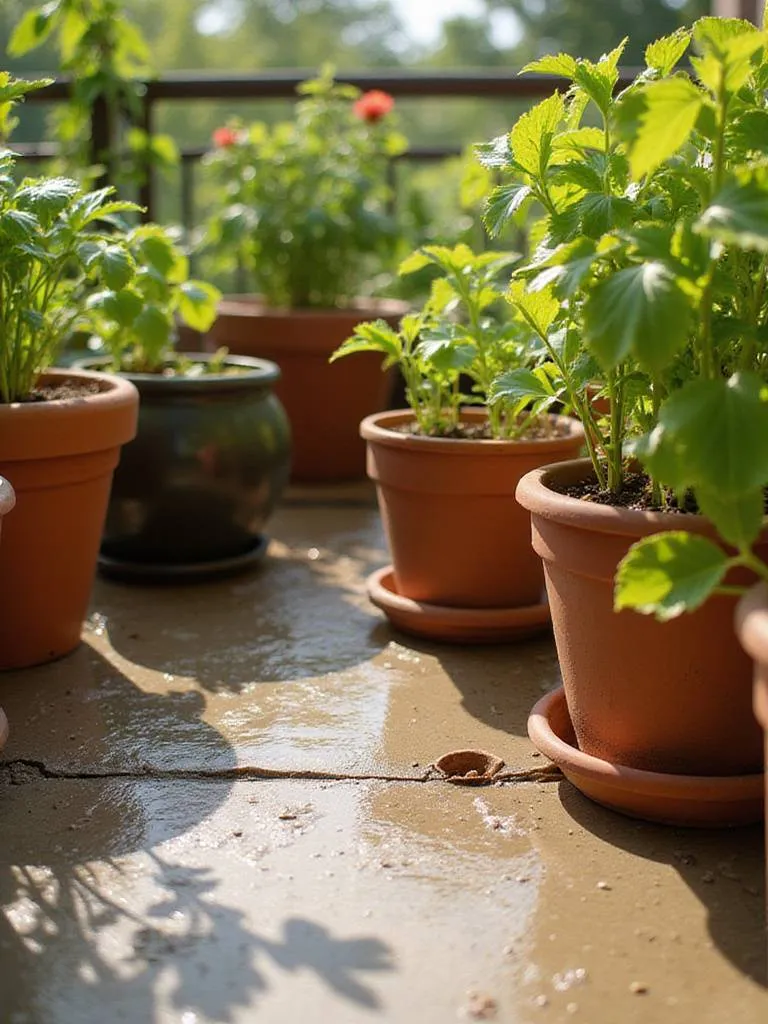 Various healthy container plants on a patio, with water visibly draining from the pots, illustrating proper container garden drainage.