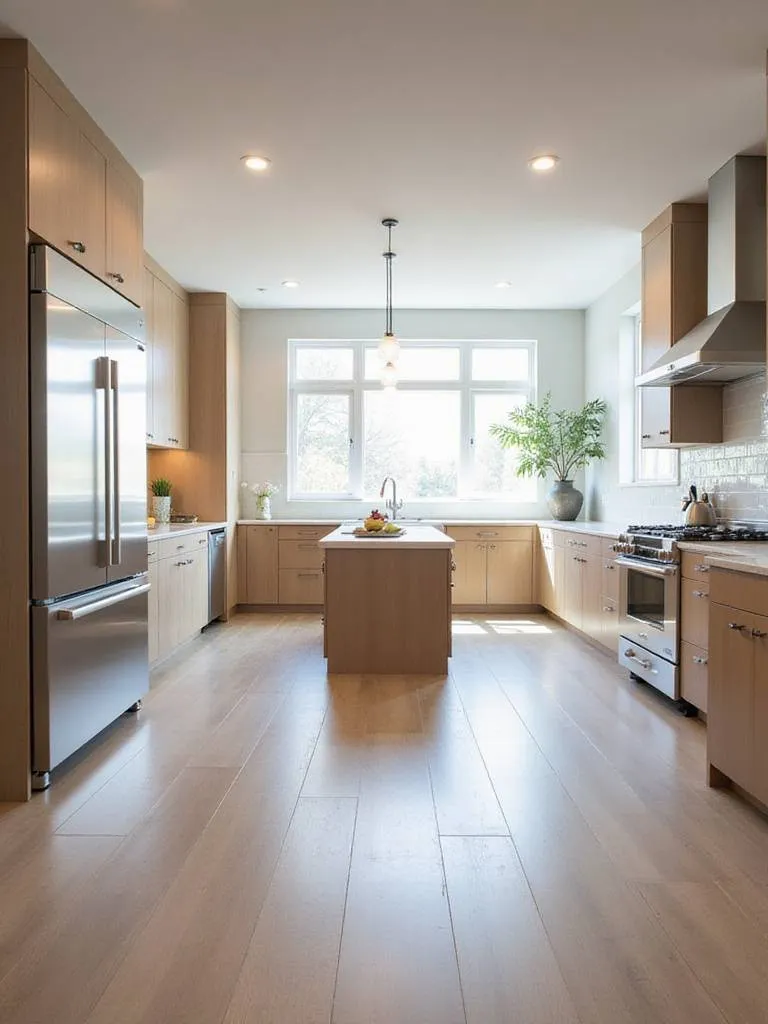 A spacious modern kitchen layout demonstrating smooth traffic flow with clear pathways around a central island, refrigerator, sink, and range, highlighting efficient design.