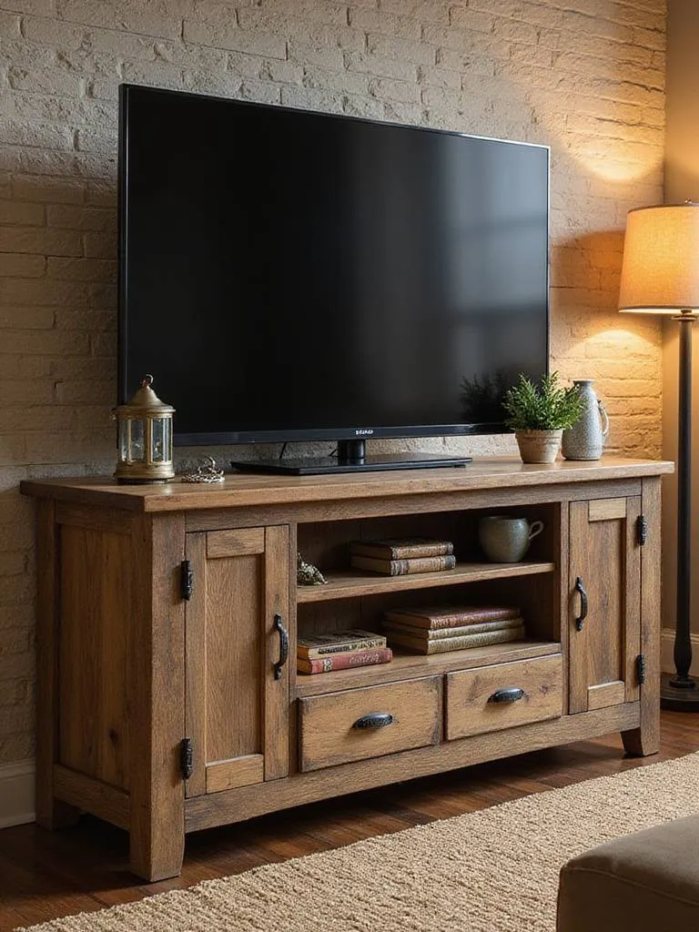 Rustic living room featuring a barnwood TV stand styled with a television and rustic decor, showcasing storage and natural wood texture.
