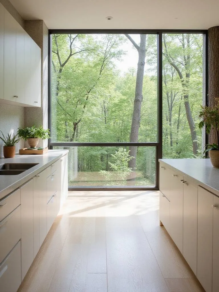 Modern kitchen with sustainable wood cabinets and a view of a healthy forest, illustrating the environmental benefits of eco-friendly choices.