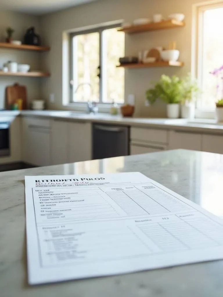 A kitchen countertop with a budget plan for a kitchen renovation.