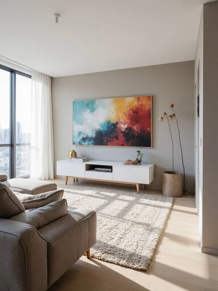 A modern apartment living room with a large abstract art piece as the focal point above a media console, with furniture arranged to face it.