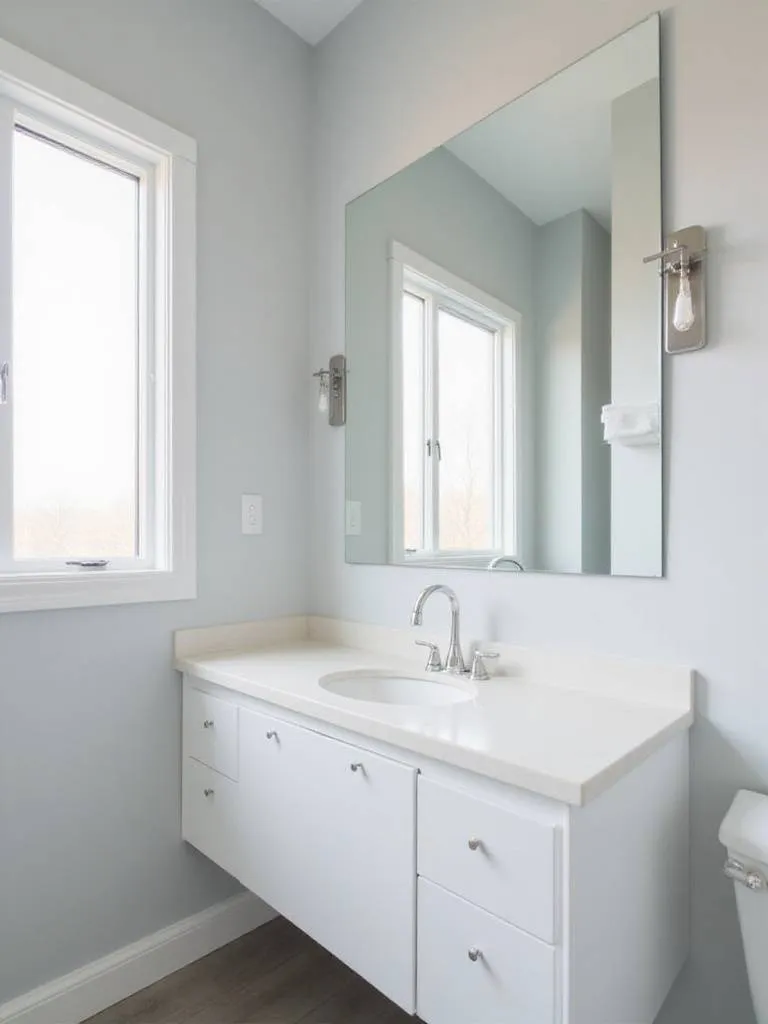 Small bathroom with a large frameless mirror above the vanity, creating the illusion of more space.