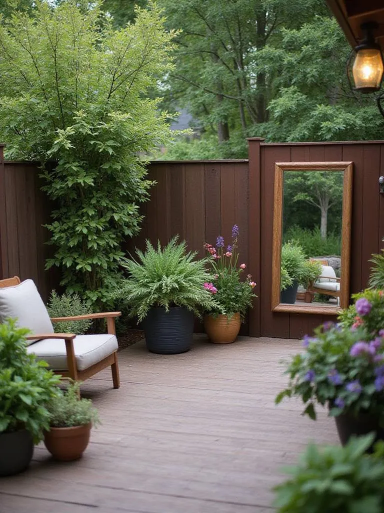 Deck with outdoor mirror reflecting garden, creating the illusion of a larger space.