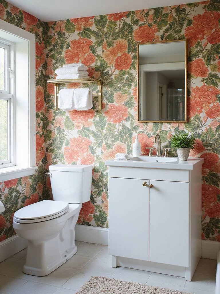 Stylish bathroom featuring bold, large-scale patterned wallpaper with a botanical design behind the vanity and mirror.