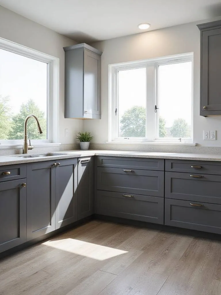 Modern kitchen featuring charcoal gray textured wood grain lower cabinets and light gray smooth upper cabinets.