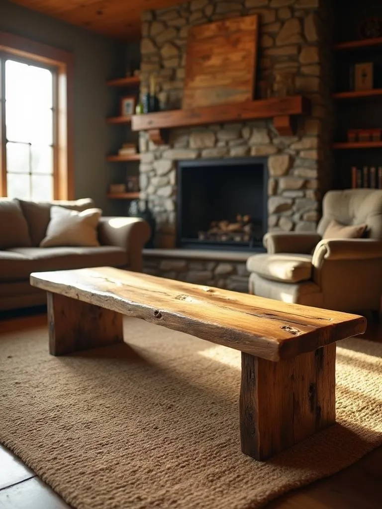Rustic wooden bench with character used as extra seating in a cozy, warm rustic living room with a sofa, armchair, and fireplace.