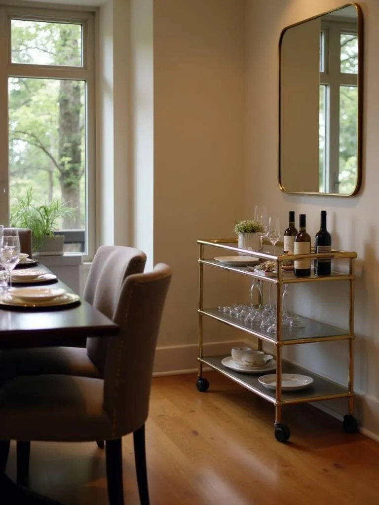 Dining room with a serving cart displaying wine glasses and bottles.