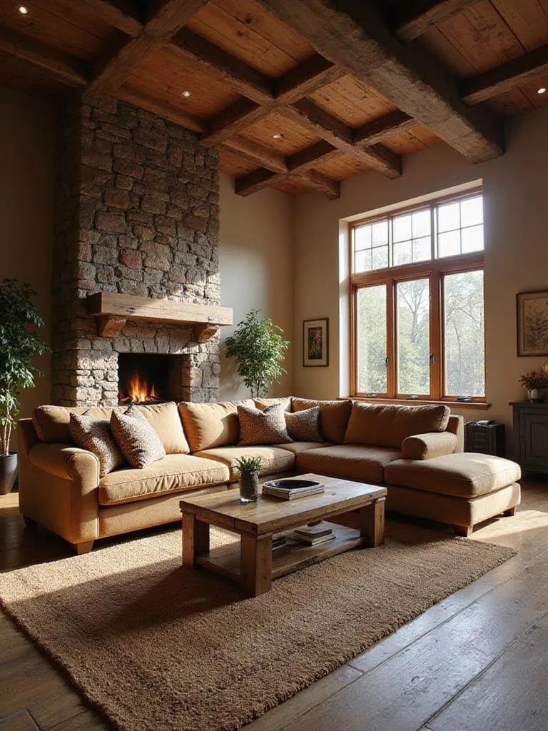 An oversized, comfy L-shaped sectional sofa in a rustic living room with a stone fireplace and wood beams, creating a cozy family hub.