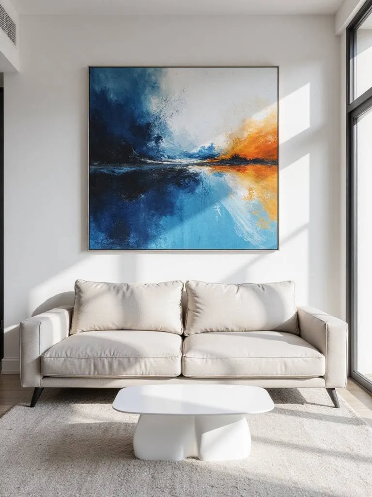 Modern living room featuring a large, vibrant abstract painting above a neutral sofa, creating a focal point.