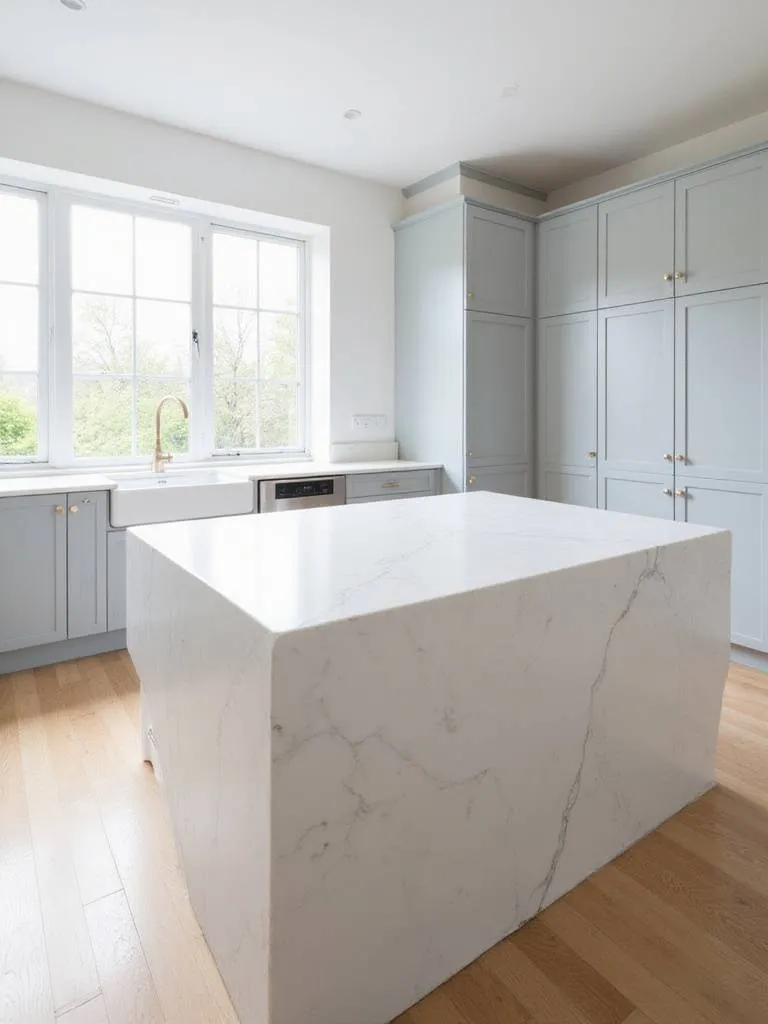 Modern kitchen island with white quartz waterfall countertop.