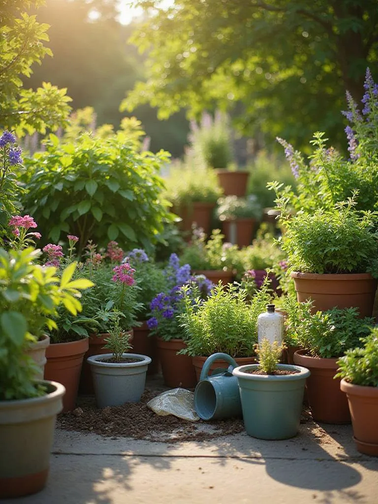 A thriving container garden on a patio in morning light, showing healthy plants in pots with fertilizer supplies nearby.