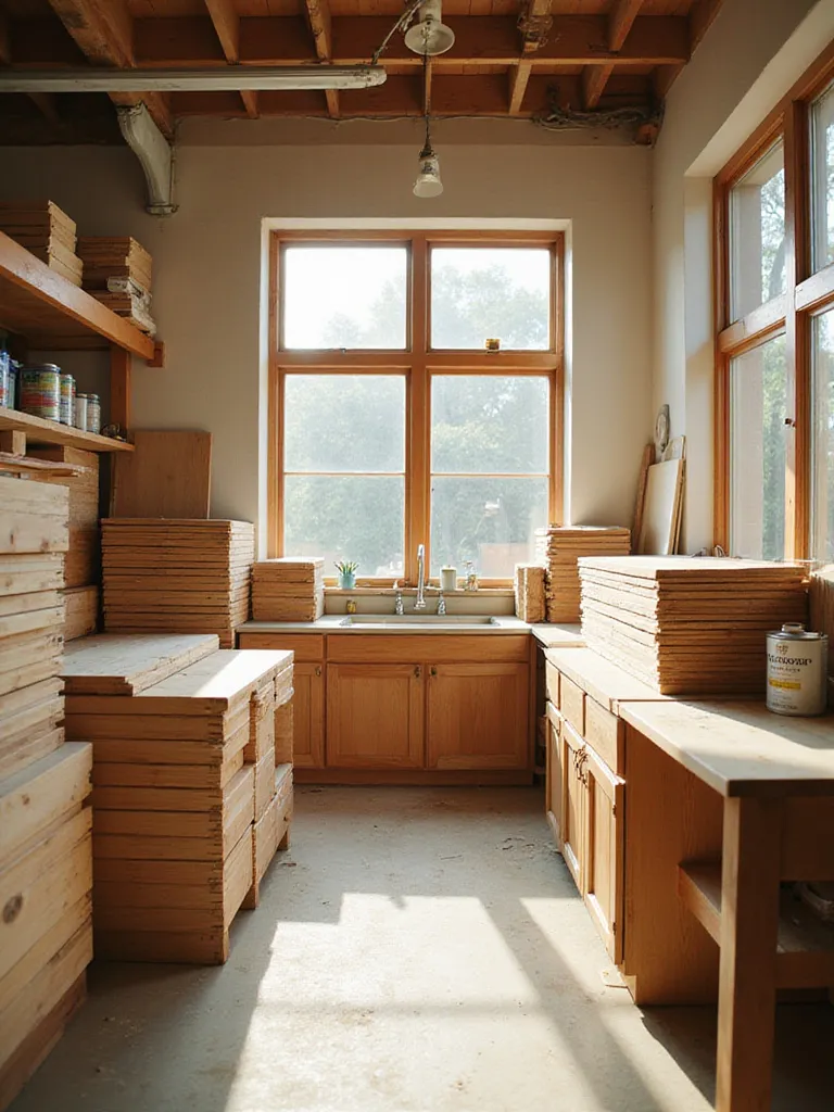 Woodworking workshop specializing in sustainable kitchen cabinets, showing stacks of certified lumber and cabinet components in natural light.