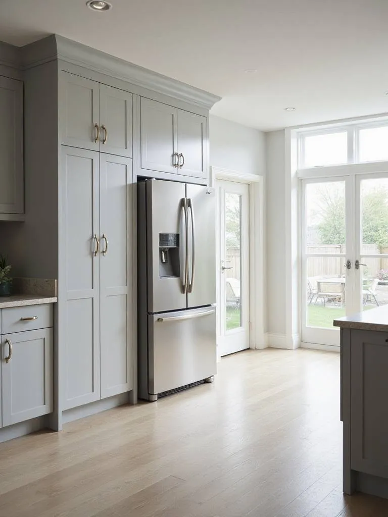 Modern kitchen featuring a counter-depth stainless steel French door refrigerator integrated into light grey cabinetry, positioned for optimal workflow and easy access near a kitchen entrance.