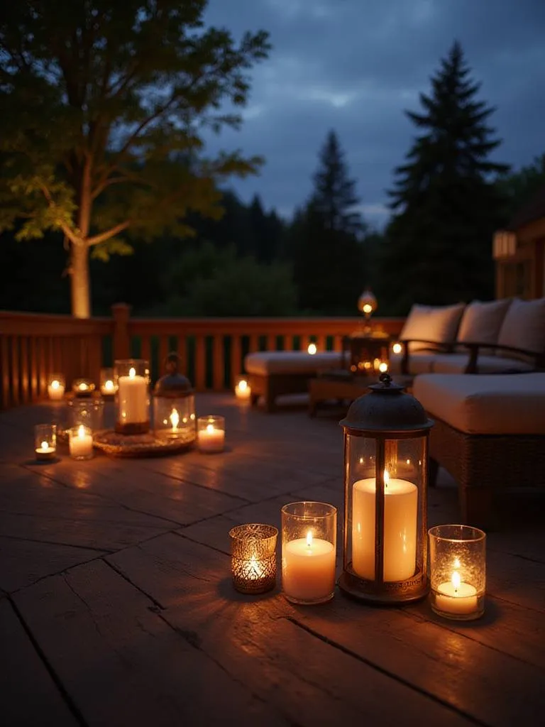 Deck decorated with various candles and lanterns at dusk, creating a warm and inviting atmosphere.